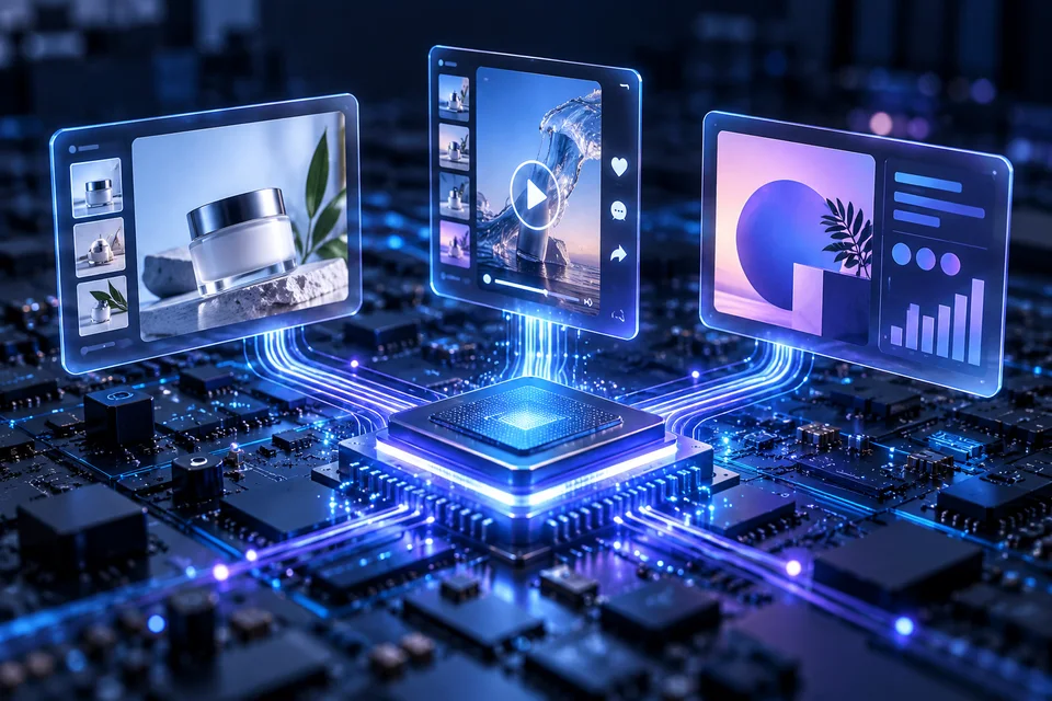 AI processor connected to product, video, and campaign content panels.