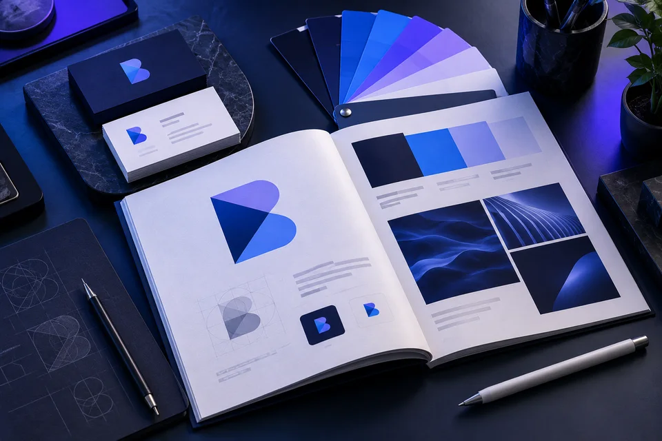 Brand identity booklet, business cards, color swatches, and a design stylus.