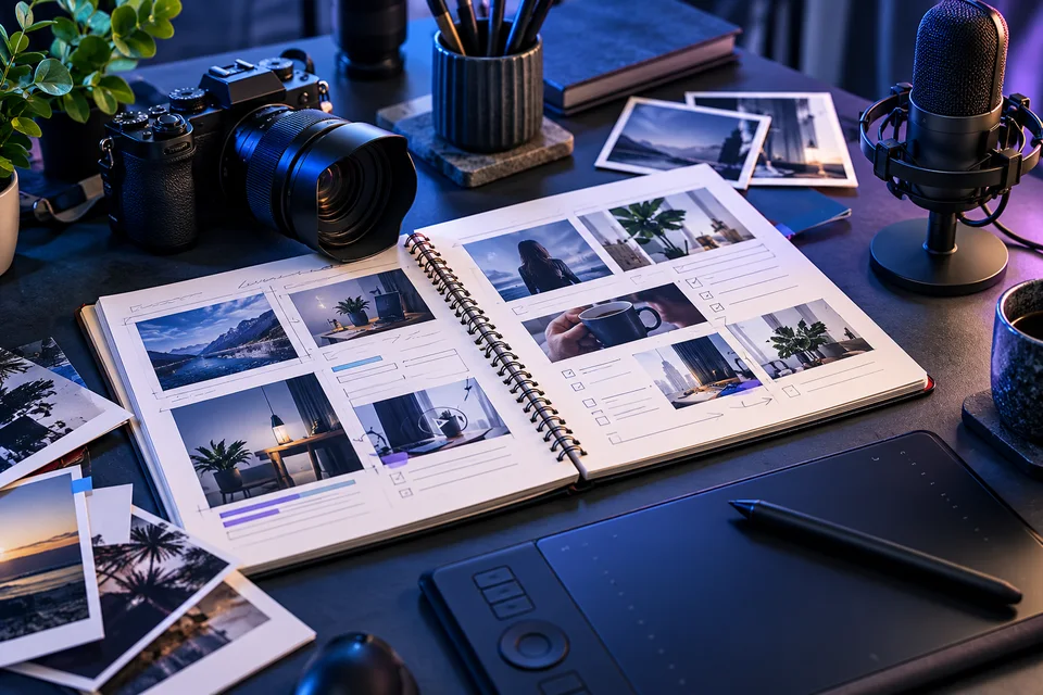 Storyboard, drawing tablet, camera, and microphone for brand content creation.