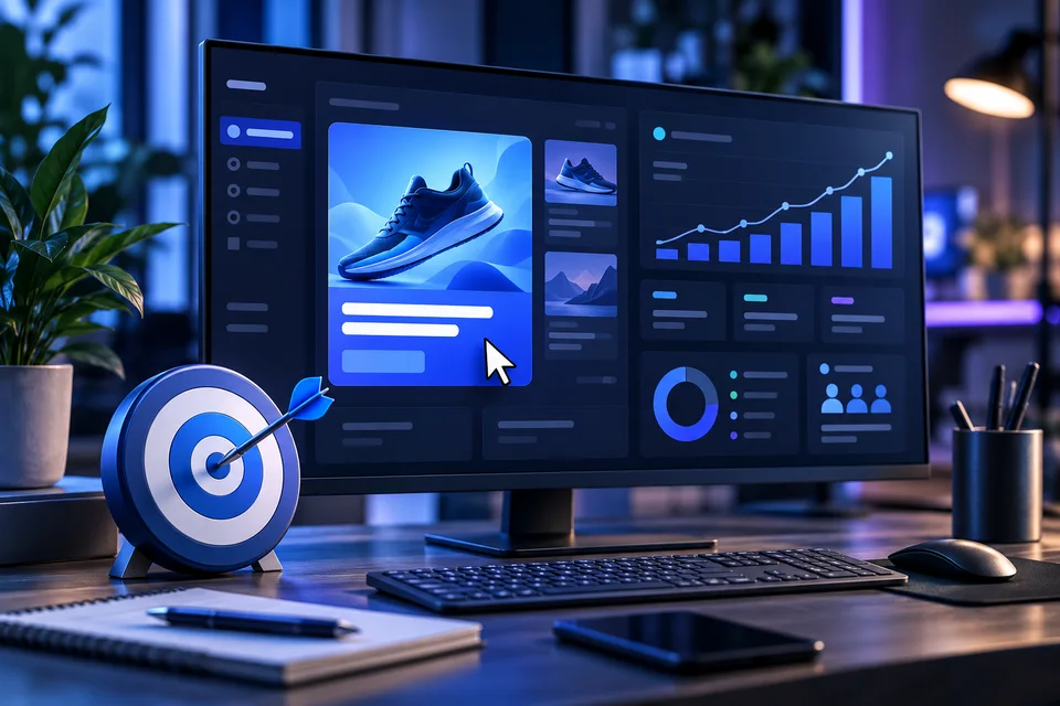 Online advertising dashboard with campaign creative, a conversion chart, and a targeting symbol.