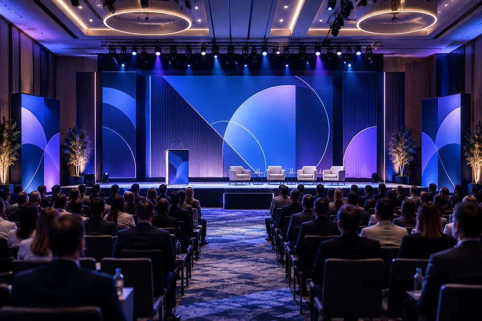 Corporate event stage with coordinated backdrop, podium, signage, and seating.