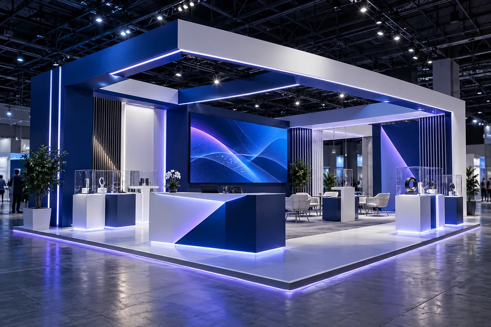 Custom exhibition booth with overhead structure, reception counter, displays, and meeting area.
