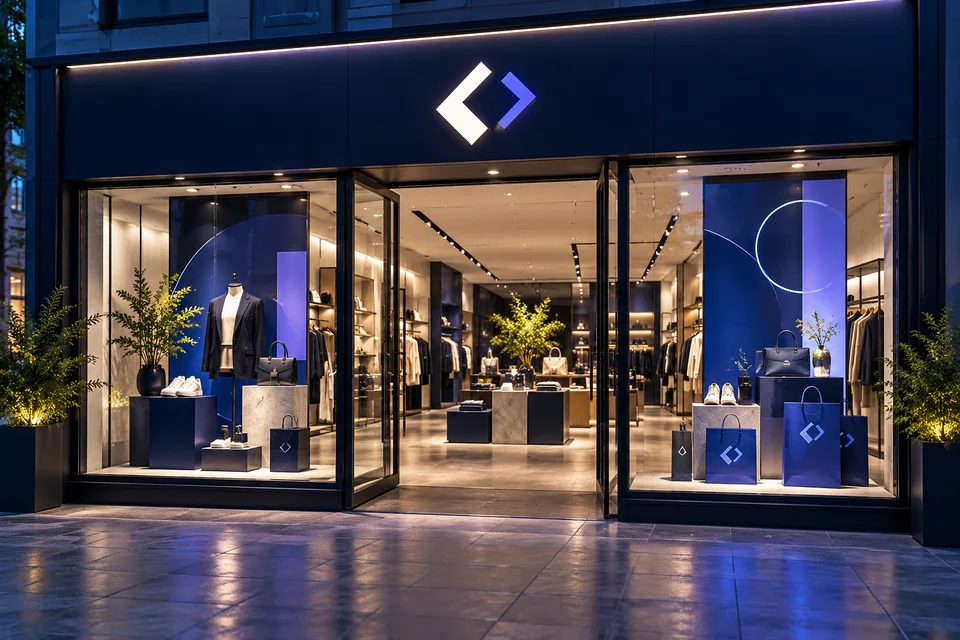Retail storefront with matching window graphics, product displays, and shopping bags.
