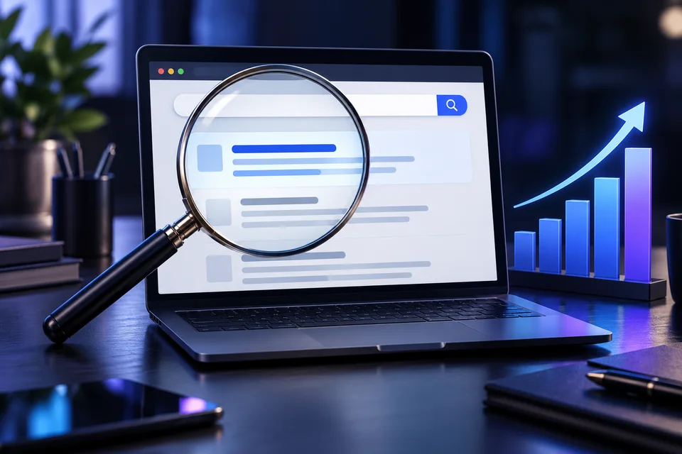 Magnifying glass over search results with an upward ranking chart.