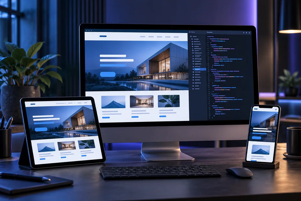 Desktop, tablet, and phone showing responsive website layouts beside code.