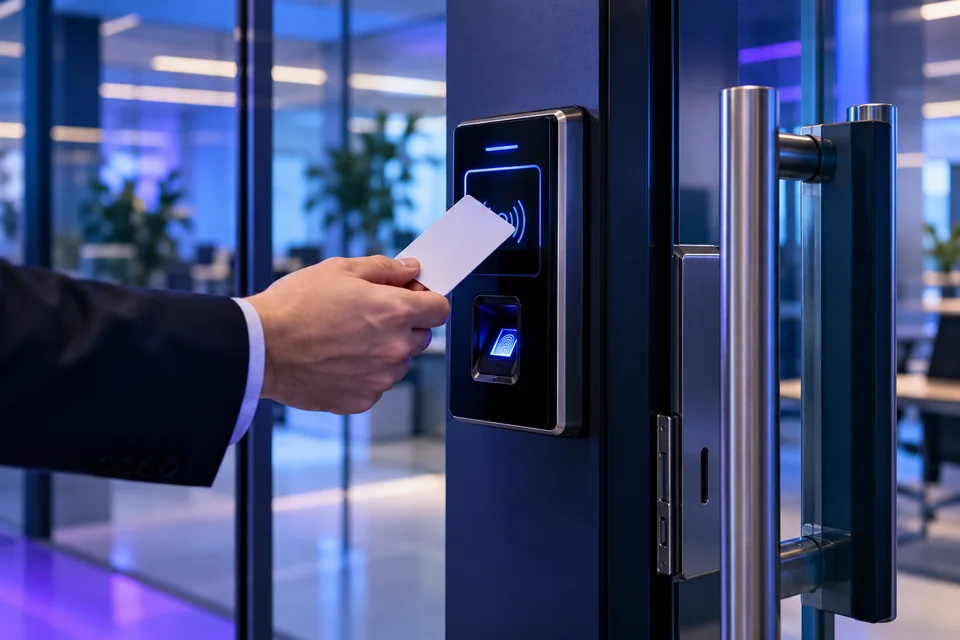 Office entrance with a biometric access terminal, electronic lock, and RFID card reader.