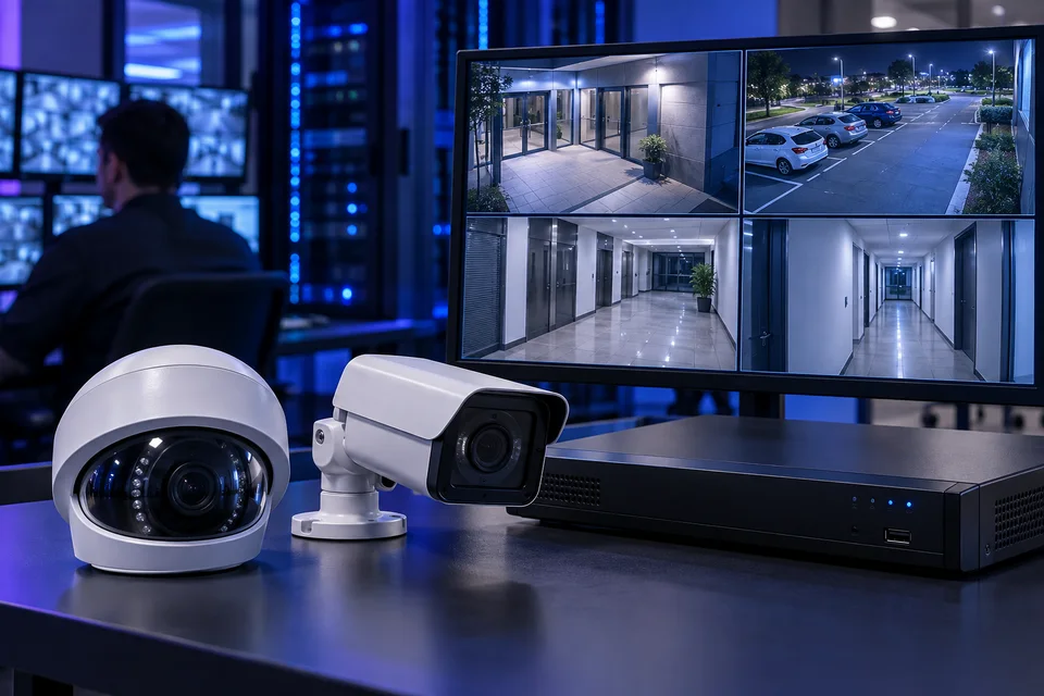 CCTV dome and bullet cameras beside a monitor displaying building surveillance feeds.