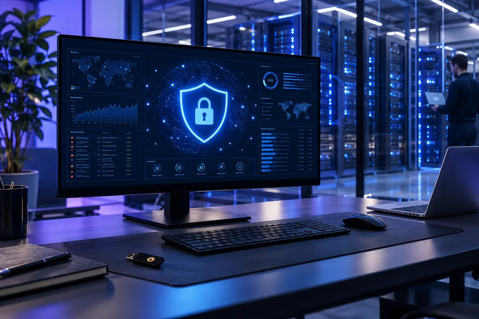 Security workstation displaying a shield and padlock in a network protection dashboard.