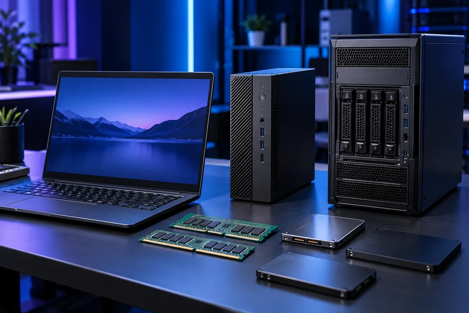 Business laptop, desktop computer, server tower, memory, and storage hardware.