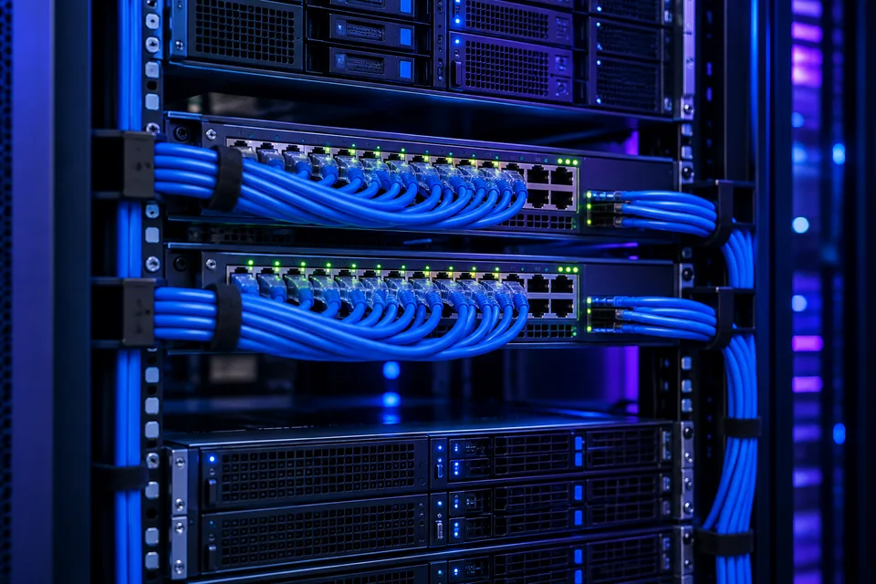 Organized blue Ethernet cables connecting enterprise network switches in a server rack.